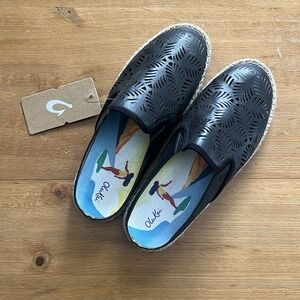 NWT Olukai Kaula Olu Ili Slip On Espadrilles Womens 9.5 Black Leather Perforated